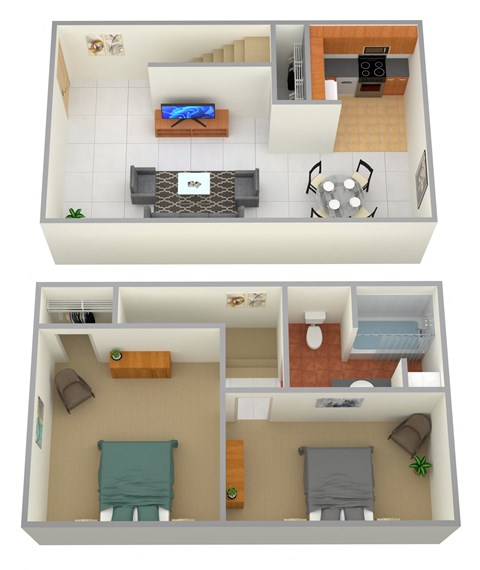 Floor plan for 2 beds, 1 bath, 798 sqft